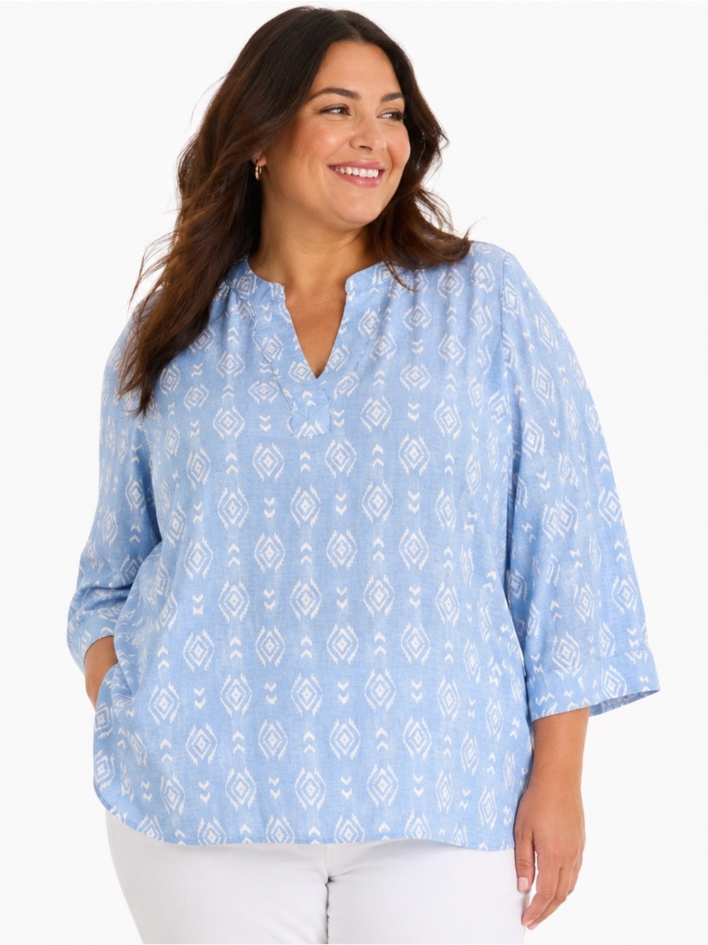Cynthia Rowley 2X Blue White Linen Blend Tunic Popover Blouse